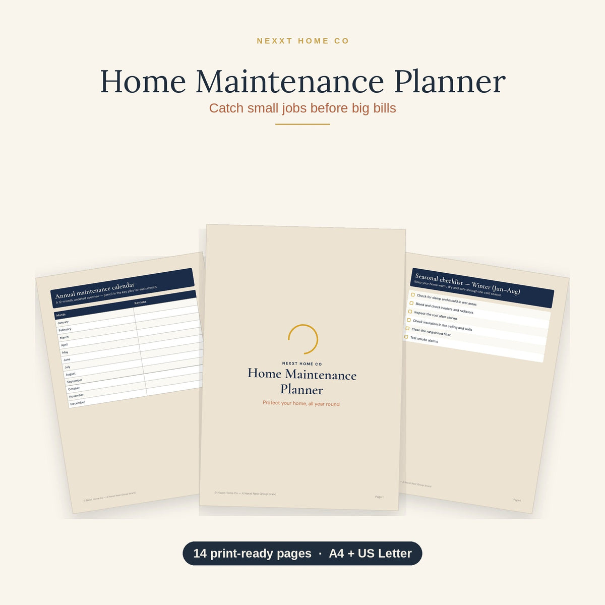 Printable home maintenance planner pages for organising a year of household jobs