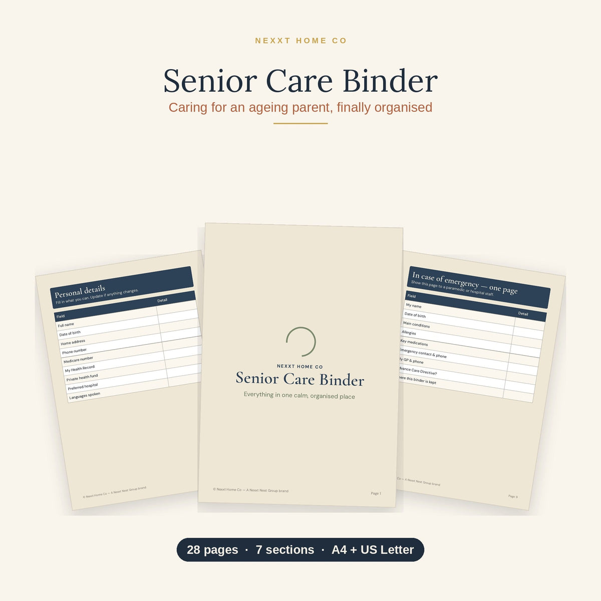 Printable senior care planning pages laid out on a table