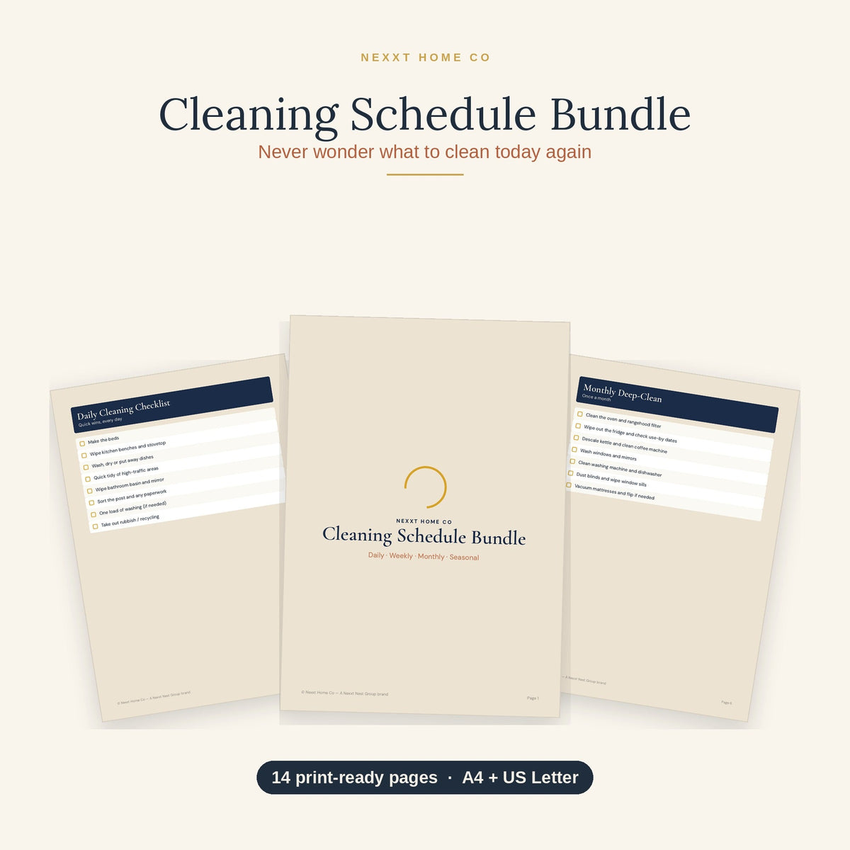 Folded laundry and printable cleaning schedules on a tidy bench