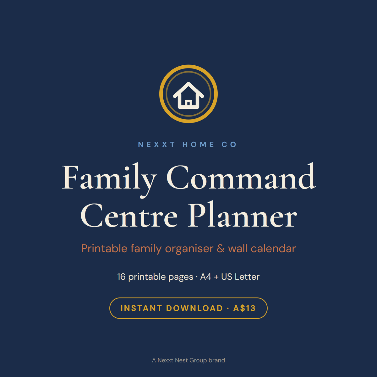 Family Command Centre Planner printable cover, showing the wall calendar, meal roster and chore charts a command centre is built around