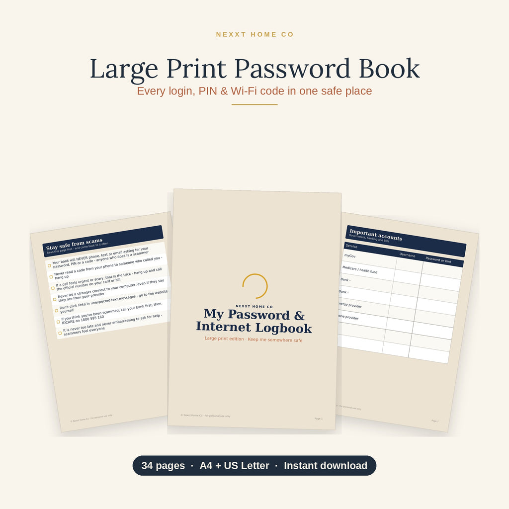 Large Print Password Book printable — 34 pages shown, A–Z logins, Wi-Fi and PINs, A4 and US Letter