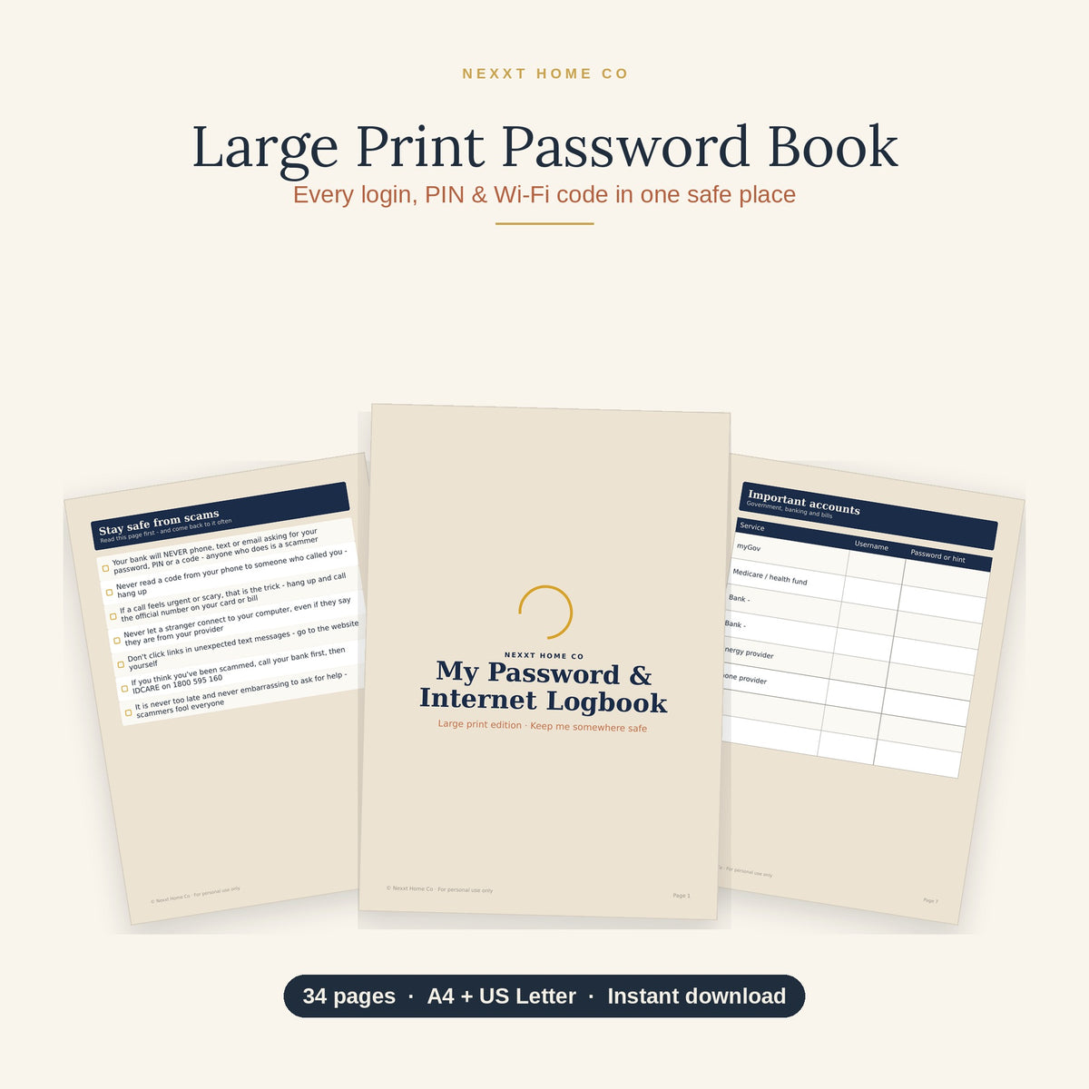 Large Print Password Book printable — 34 pages shown, A–Z logins, Wi-Fi and PINs, A4 and US Letter