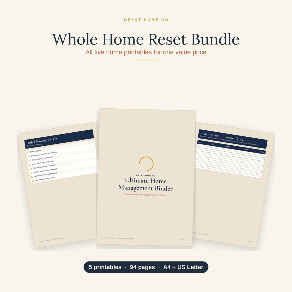 Whole Home Reset Bundle showing five printable home planners including cleaning schedule, pantry tracker and home binder pages
