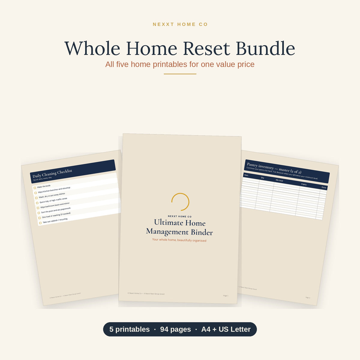 Whole Home Reset Bundle showing five printable home planners including cleaning schedule, pantry tracker and home binder pages