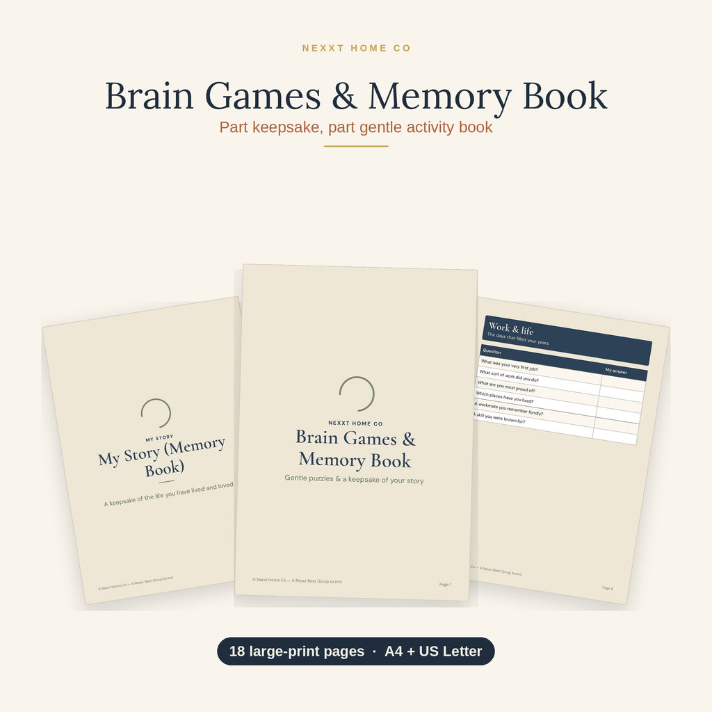 Brain Games and Memory Book for seniors, printable large print puzzle and reminiscence pages