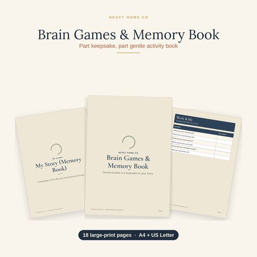 Brain Games and Memory Book for seniors, printable large print puzzle and reminiscence pages