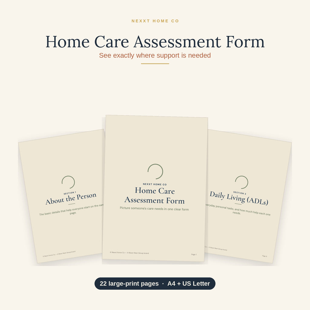 Home Care Assessment Form printable showing large print pages for personal details, mobility and daily living needs
