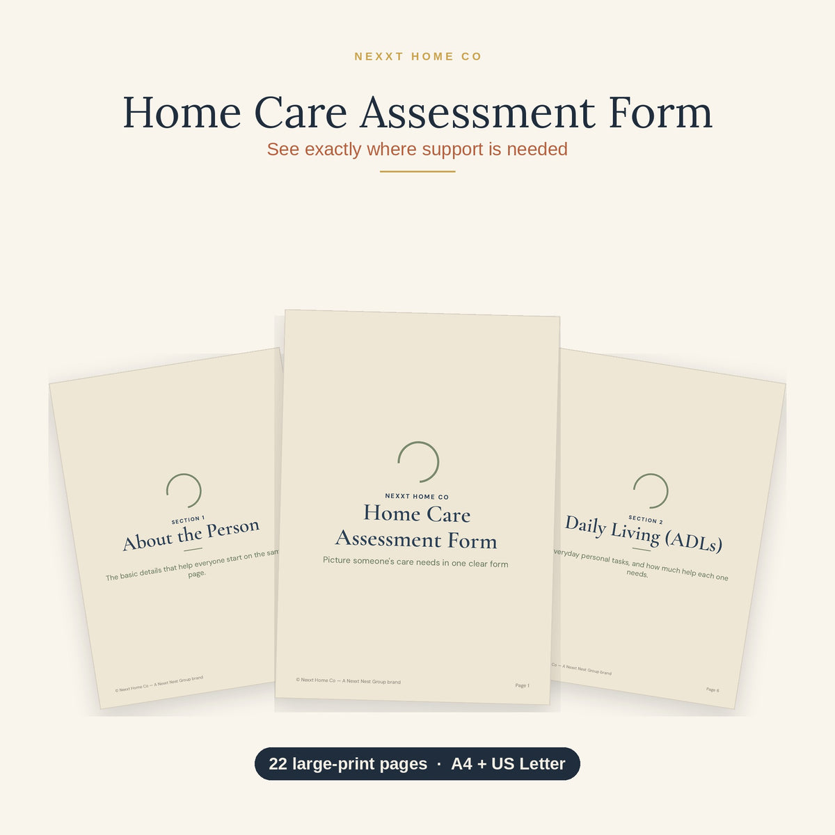 Home Care Assessment Form printable showing large print pages for personal details, mobility and daily living needs
