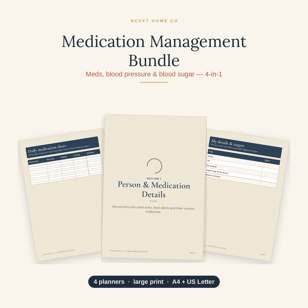 Medication Management Bundle showing four printable health charts including MAR chart, medication tracker, blood pressure and blood sugar logs