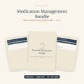 Medication Management Bundle showing four printable health charts including MAR chart, medication tracker, blood pressure and blood sugar logs
