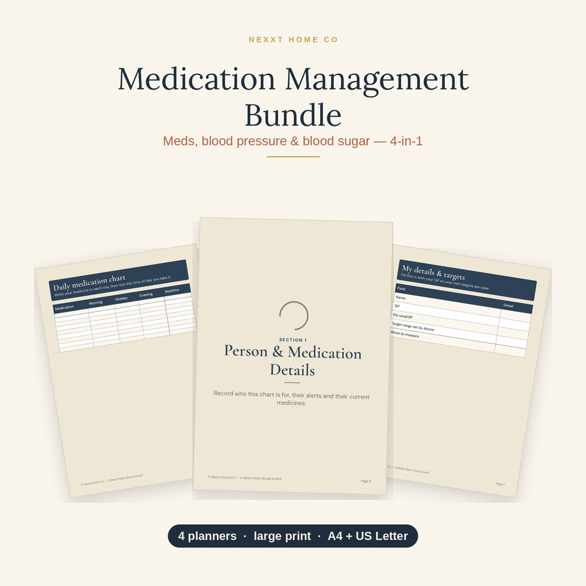 Medication Management Bundle showing four printable health charts including MAR chart, medication tracker, blood pressure and blood sugar logs