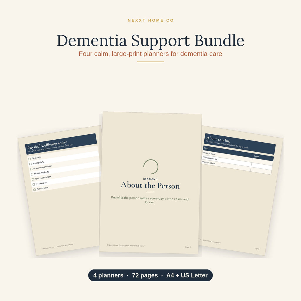 Dementia Support Bundle showing four large print printable planners for dementia care at home