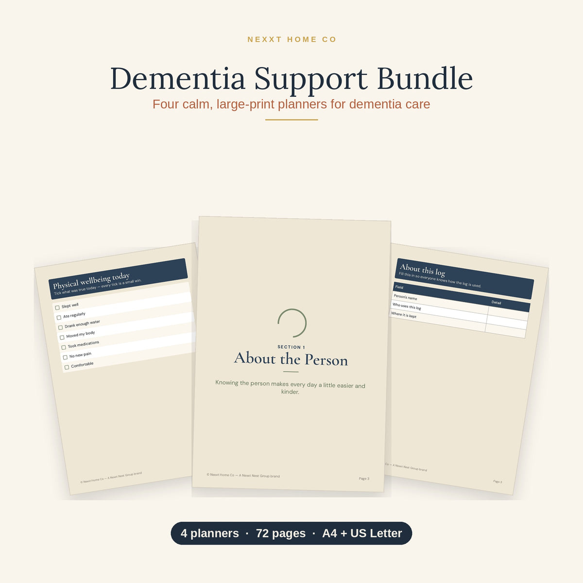 Dementia Support Bundle showing four large print printable planners for dementia care at home