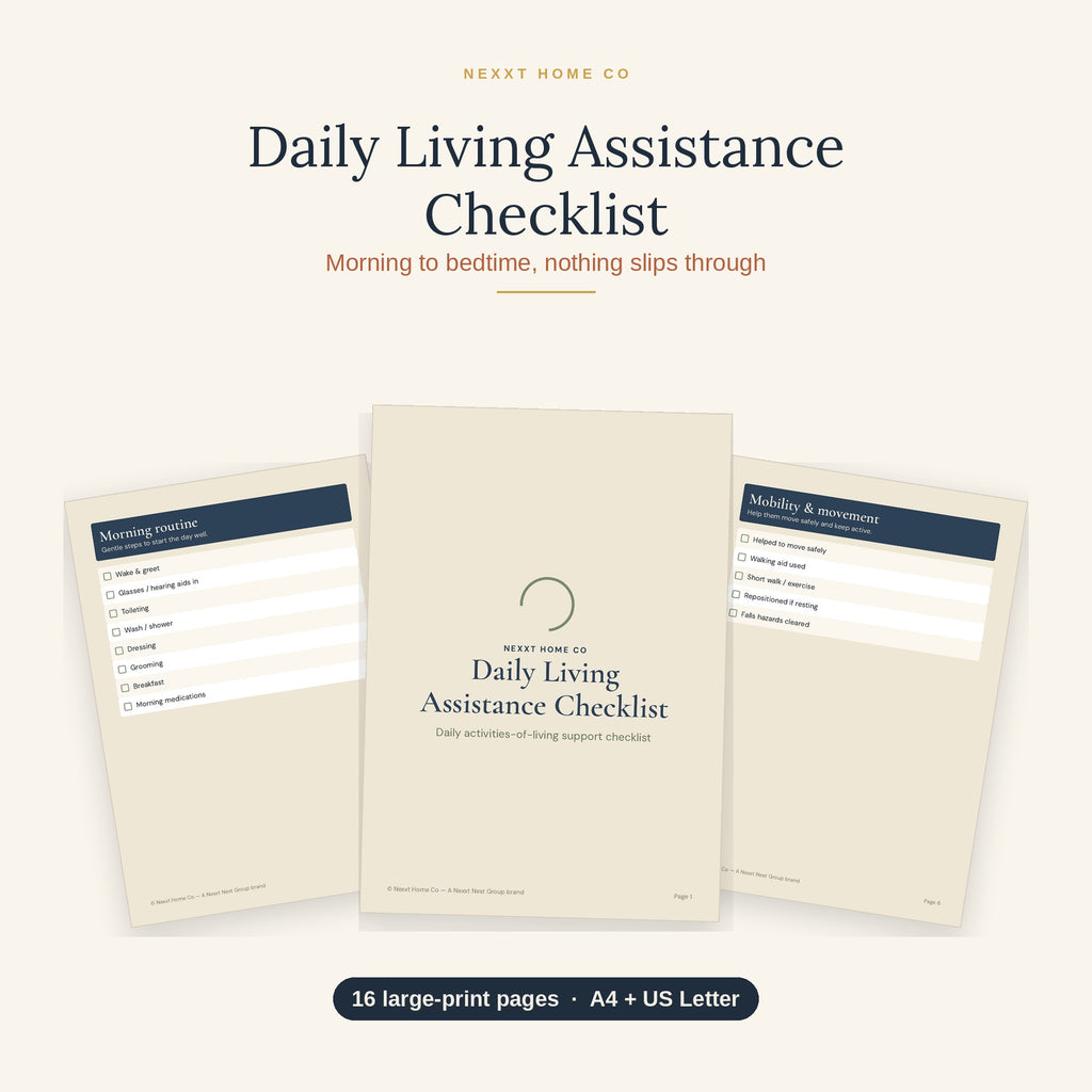 Daily Living Assistance Checklist printable showing large print pages for recording help given with personal care tasks