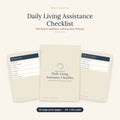 Daily Living Assistance Checklist printable showing large print pages for recording help given with personal care tasks