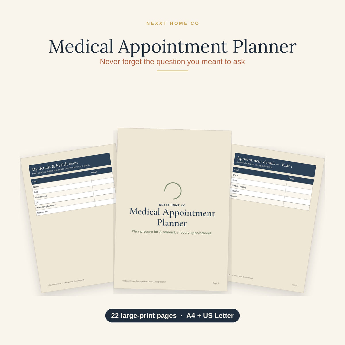 Medical Appointment Planner printable showing pages for appointment details, questions for the doctor and visit notes