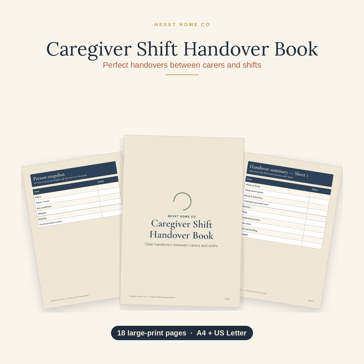 Caregiver Shift Handover Book printable showing large print handover sheets for carers and support workers