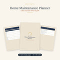 Home Maintenance Planner printable pages showing seasonal home upkeep checklists and a repair log