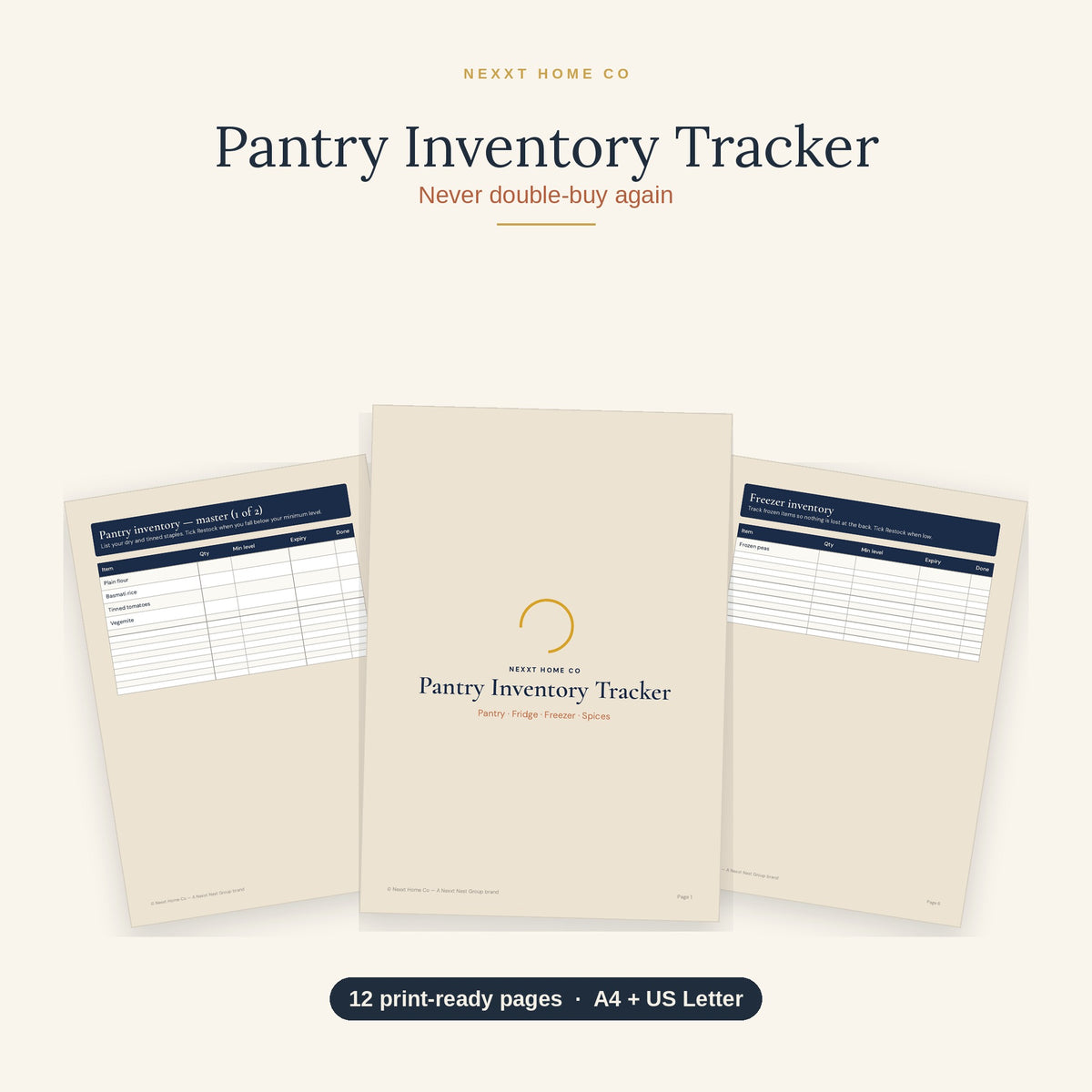 Pantry Inventory Tracker printable pages showing kitchen stock lists, expiry date columns and shopping list sheets