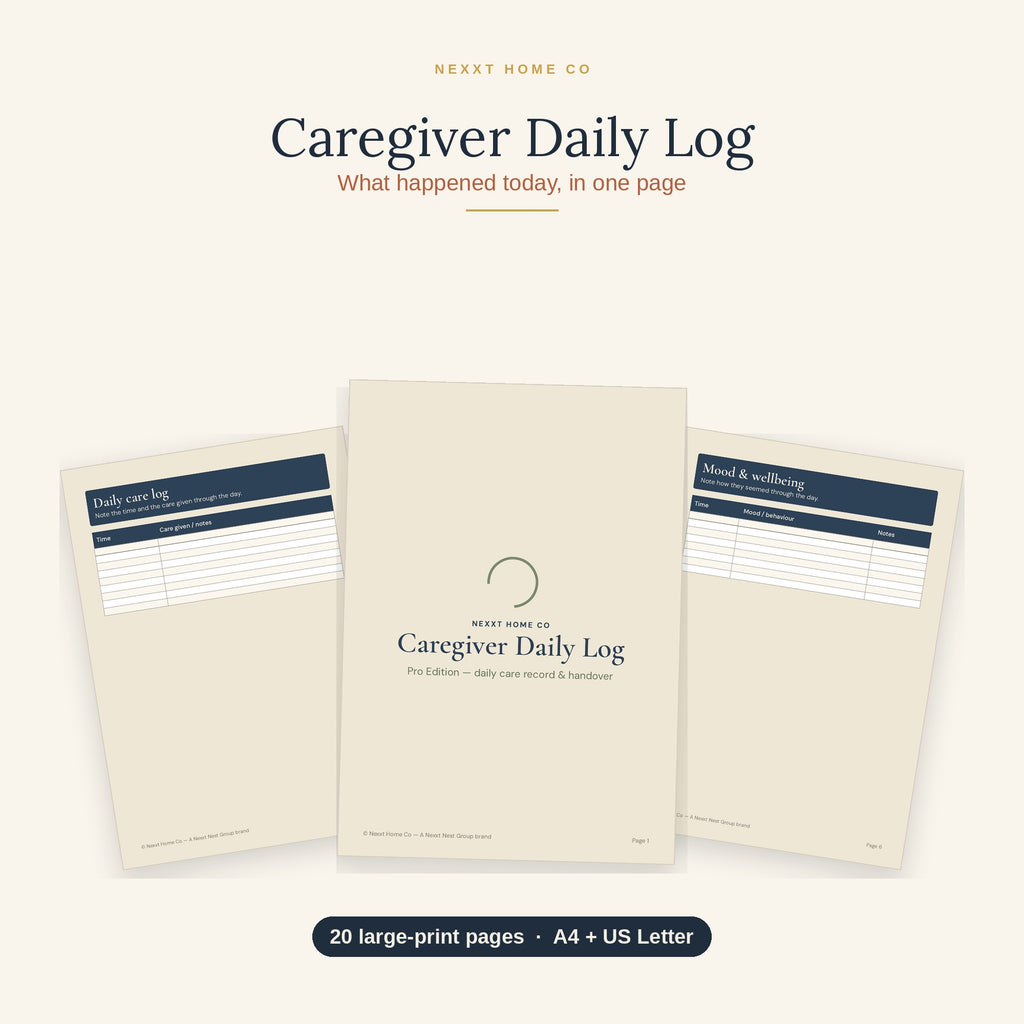 Caregiver Daily Log printable showing a large print elderly care tracker with meals, medications, mood and handover notes