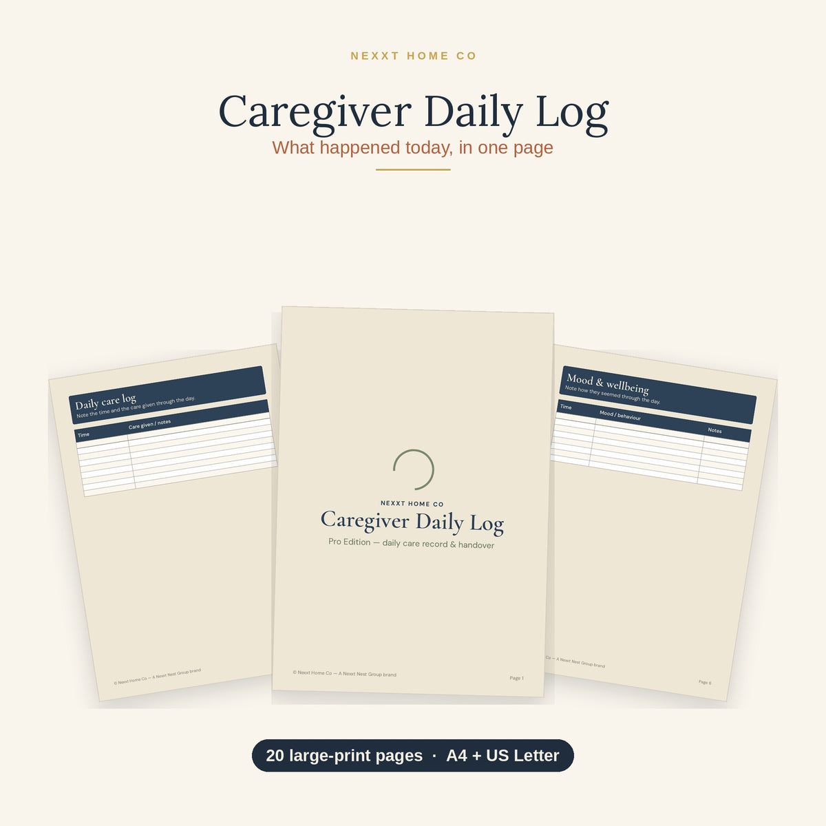 Caregiver Daily Log printable showing a large print elderly care tracker with meals, medications, mood and handover notes