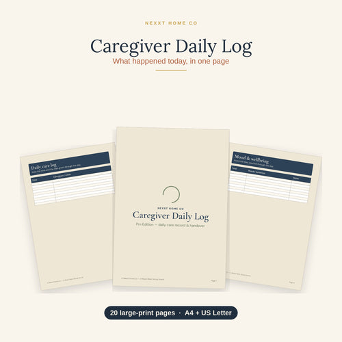 Caregiver Daily Log printable showing a large print elderly care tracker with meals, medications, mood and handover notes