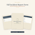 Fall Incident Report Form printable showing large print pages for recording a fall, injuries and actions taken