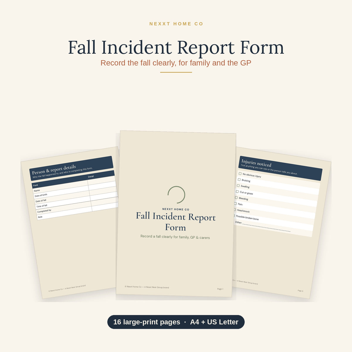 Fall Incident Report Form printable showing large print pages for recording a fall, injuries and actions taken