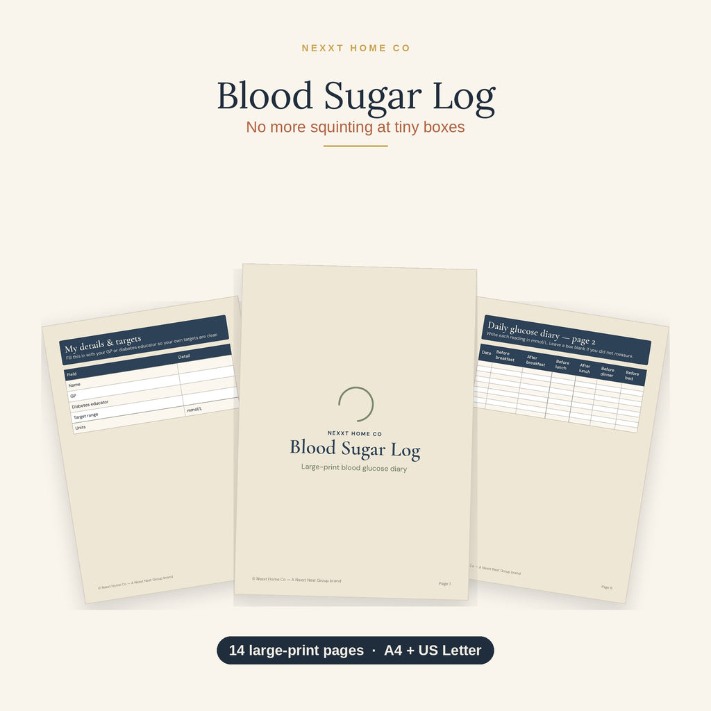 Blood Sugar Log printable showing a large print chart for recording daily glucose readings at home
