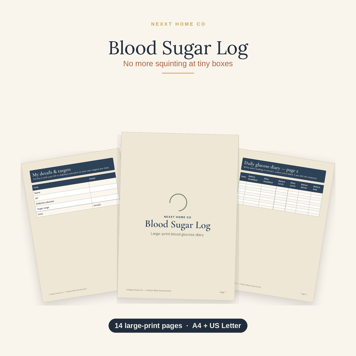 Blood Sugar Log printable showing a large print chart for recording daily glucose readings at home