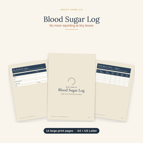 Blood Sugar Log printable showing a large print chart for recording daily glucose readings at home