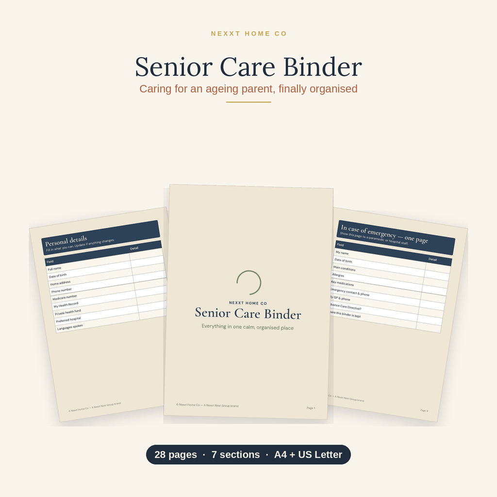 Senior Care Binder printable — 28 large-print pages shown, A4 and US Letter instant download