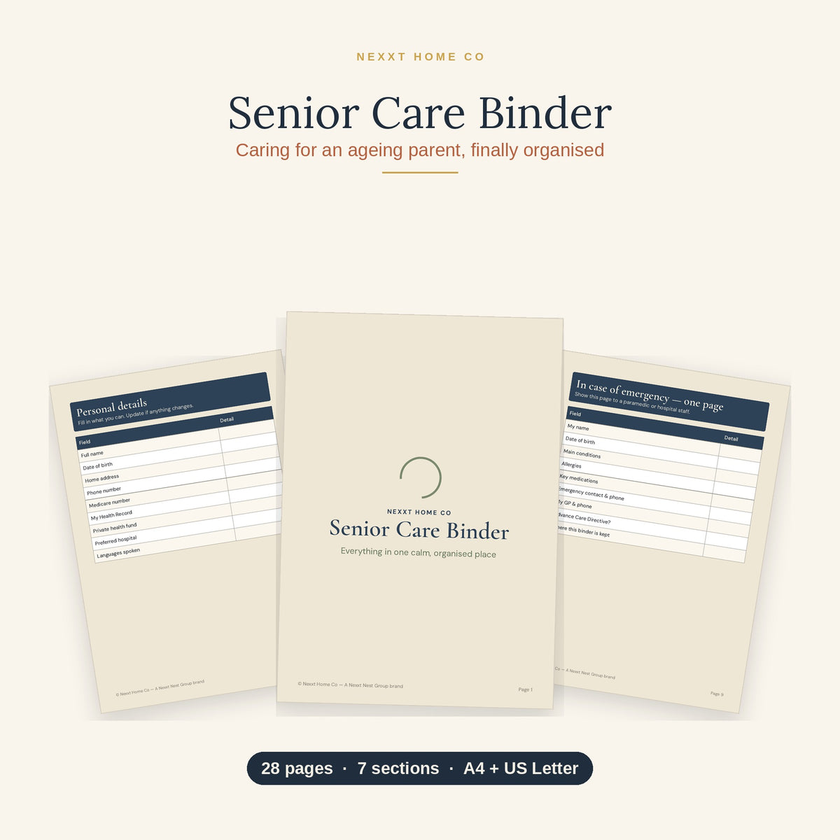Senior Care Binder printable — 28 large-print pages shown, A4 and US Letter instant download