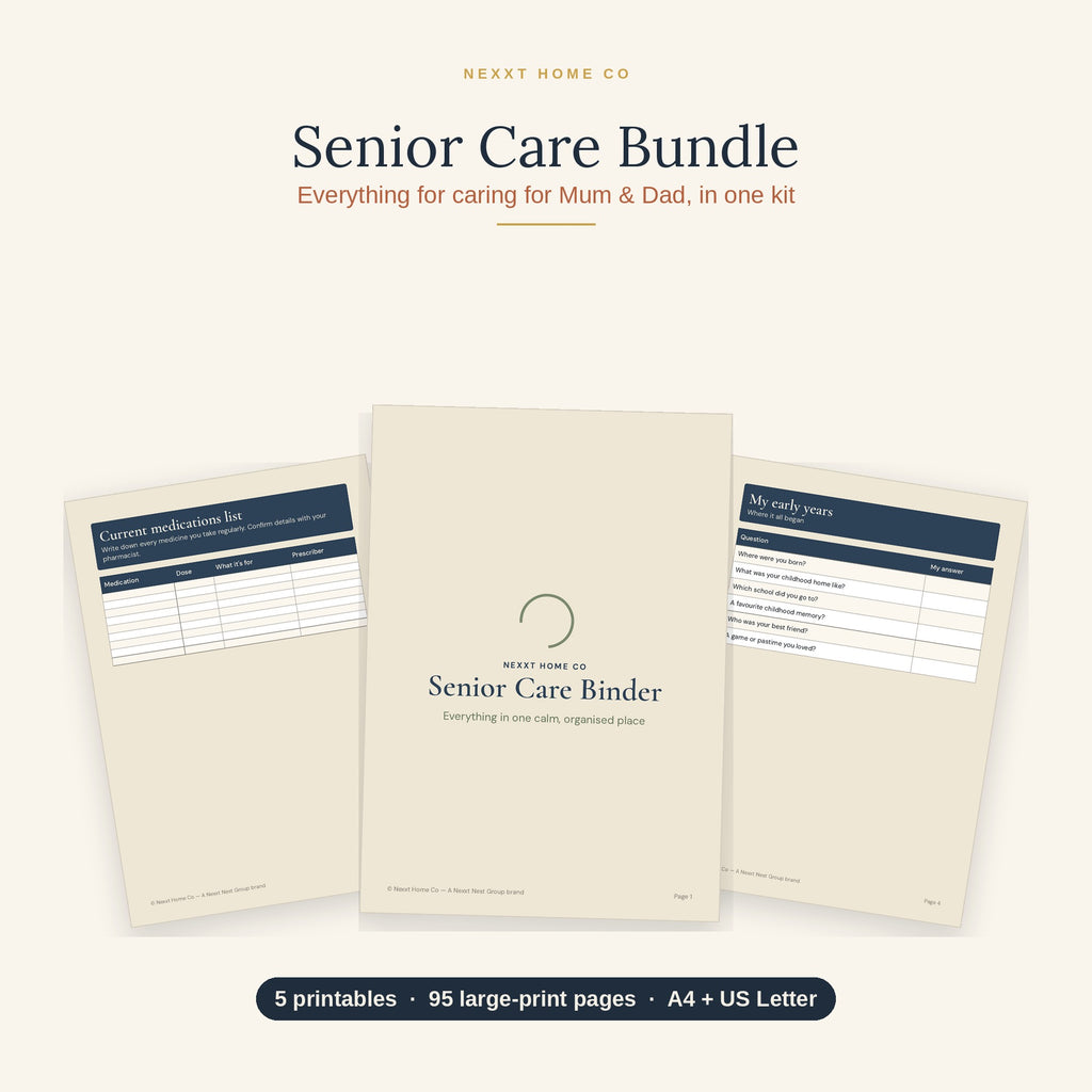 Senior Care Mega Bundle showing five large print printable planners for caring for an ageing parent at home
