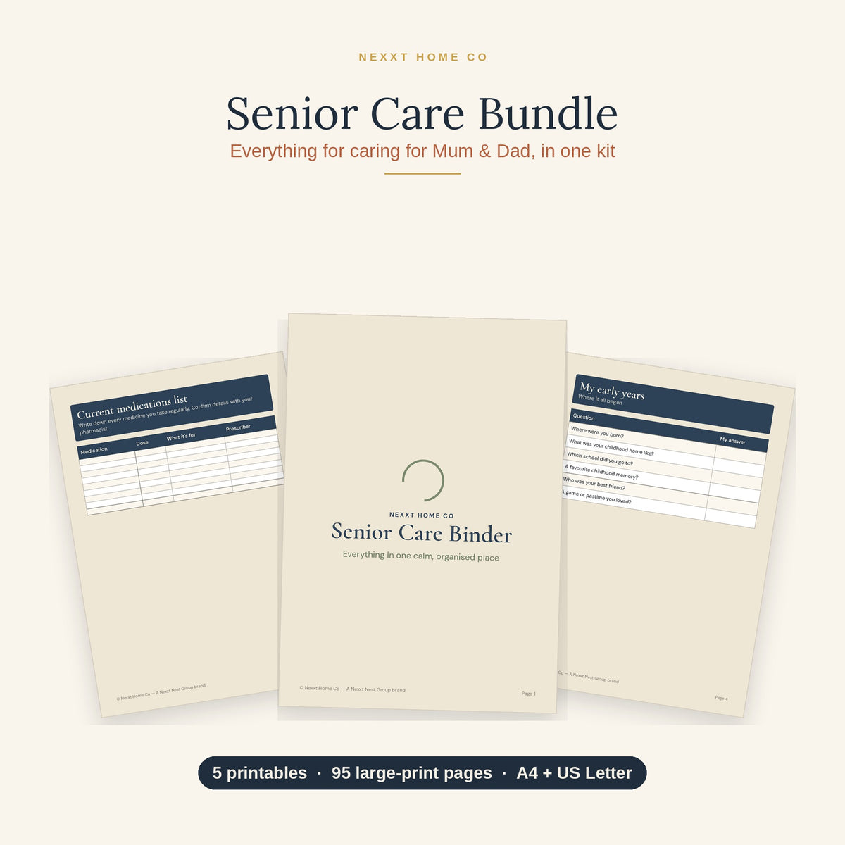Senior Care Mega Bundle showing five large print printable planners for caring for an ageing parent at home