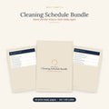 Cleaning Schedule Bundle printable pages fanned out, showing daily, weekly and seasonal cleaning checklists in large print