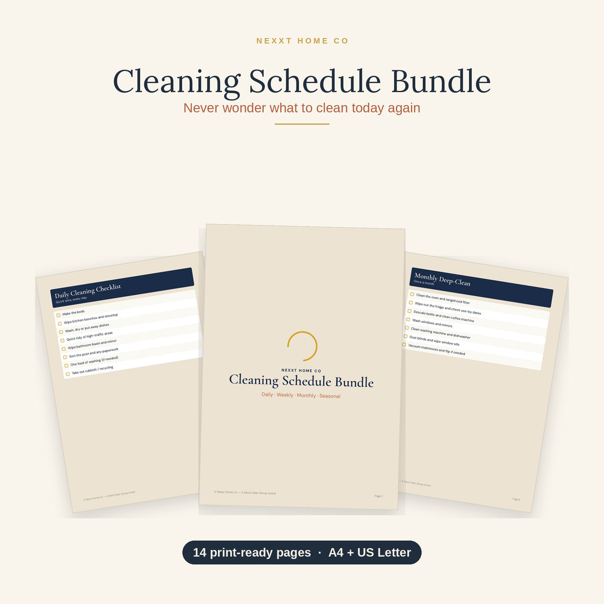 Cleaning Schedule Bundle printable pages fanned out, showing daily, weekly and seasonal cleaning checklists in large print