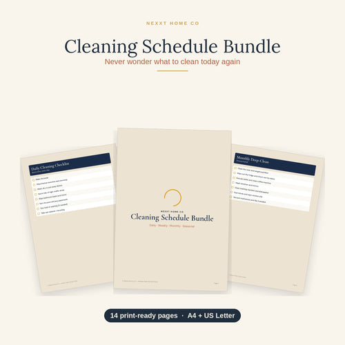 Cleaning Schedule Bundle printable pages fanned out, showing daily, weekly and seasonal cleaning checklists in large print