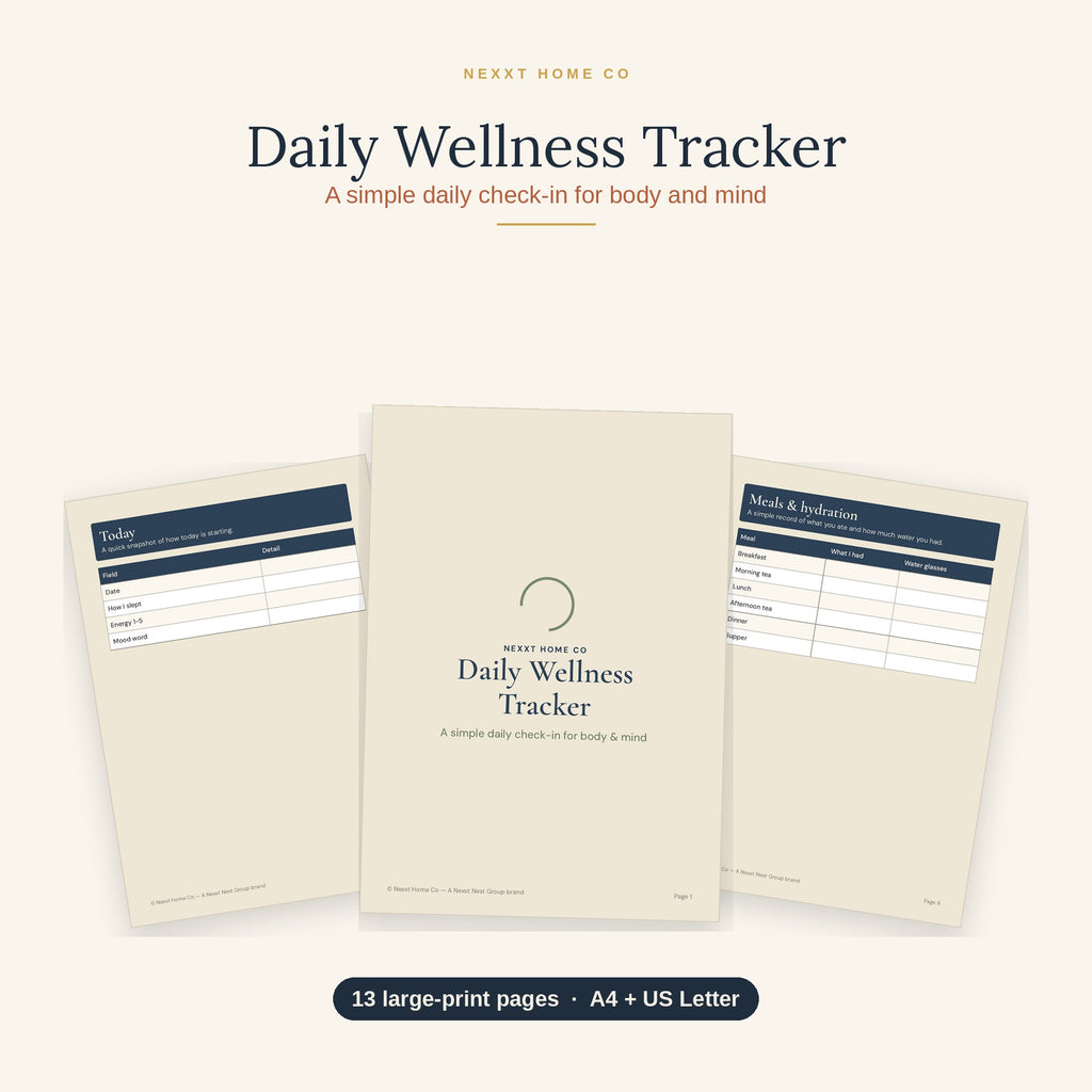 Daily Wellness Tracker printable showing large print pages for mood, sleep, meals and fluids