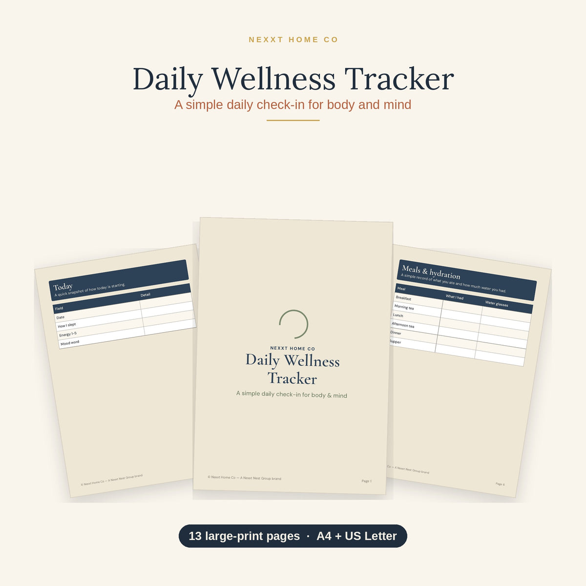 Daily Wellness Tracker printable showing large print pages for mood, sleep, meals and fluids