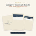 Caregiver Essentials Bundle showing four printable carer records including daily log, shift handover, communication log and daily living checklist