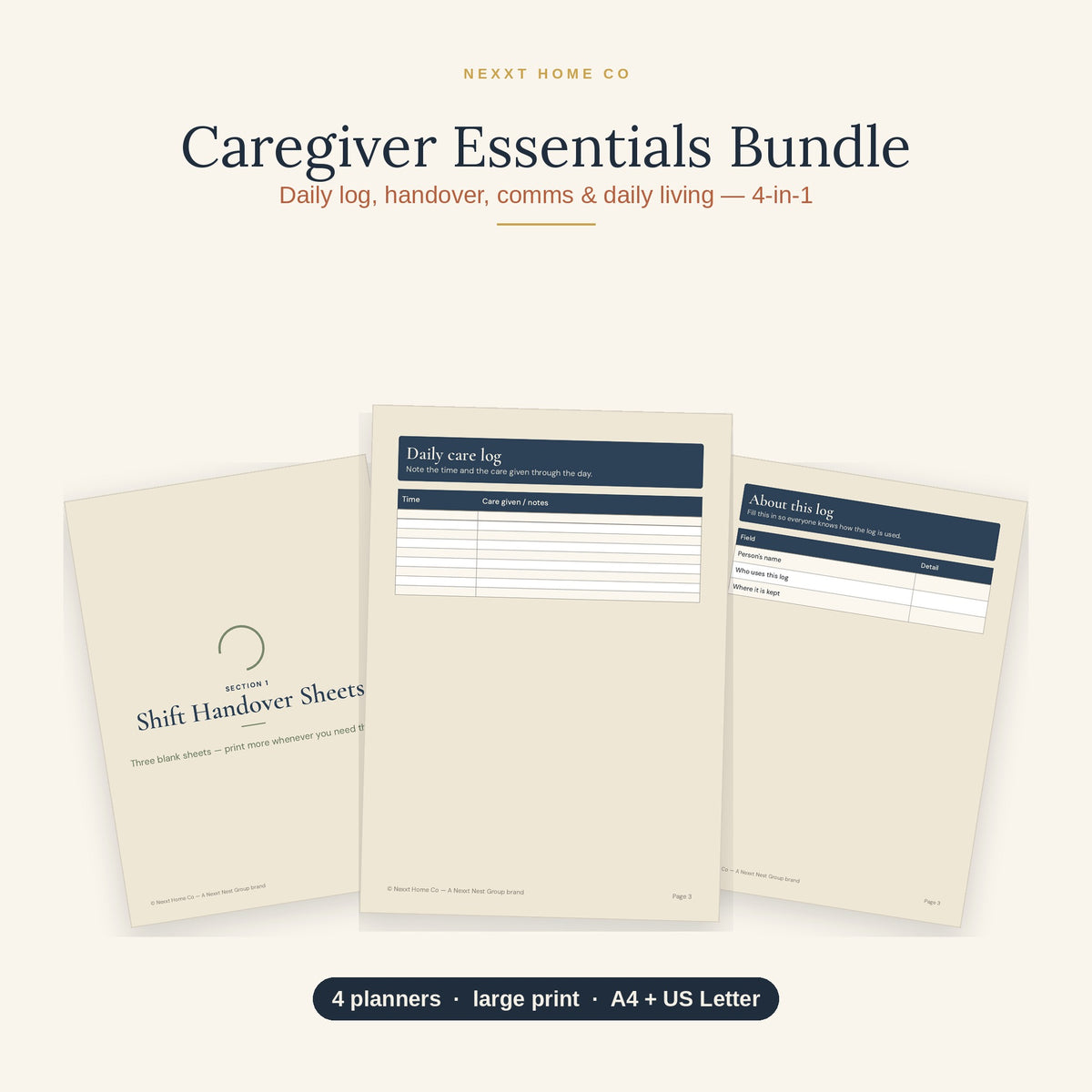Caregiver Essentials Bundle showing four printable carer records including daily log, shift handover, communication log and daily living checklist