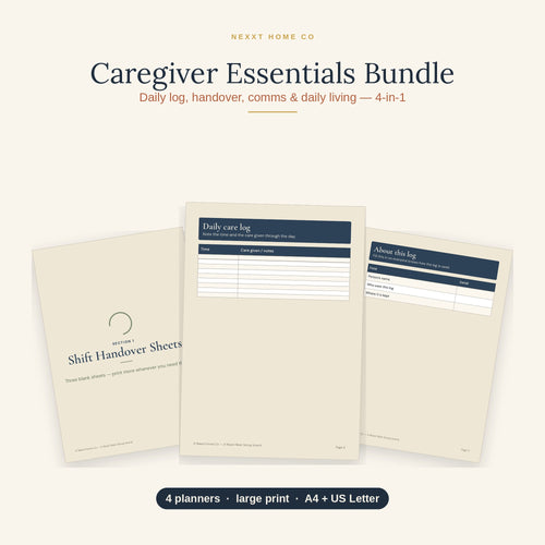 Caregiver Essentials Bundle showing four printable carer records including daily log, shift handover, communication log and daily living checklist