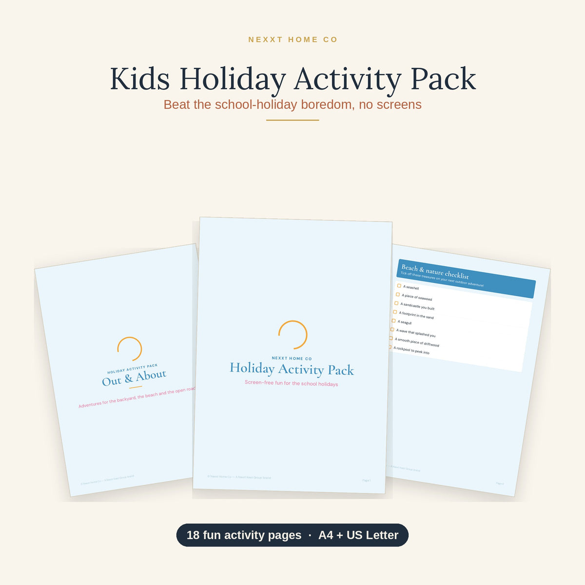 Kids Holiday Activity Pack printable showing screen-free school holiday games and activity sheets