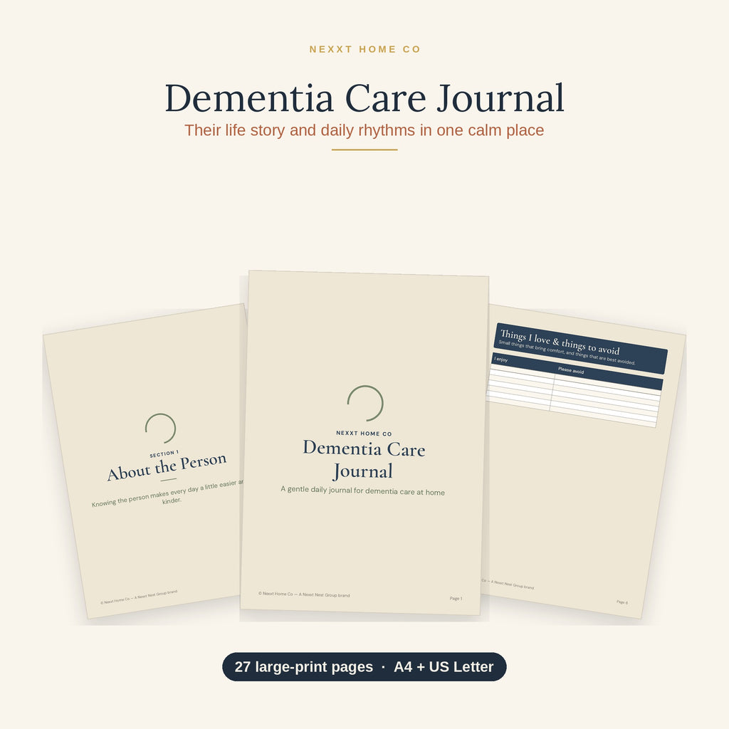 Dementia Care Journal printable showing a large print daily log for mood, meals, sleep and life story notes