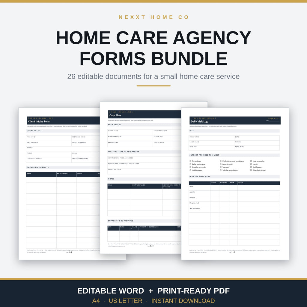 Home Care Agency Forms Bundle - 26 editable documents for a small home care service, shown as three printed forms