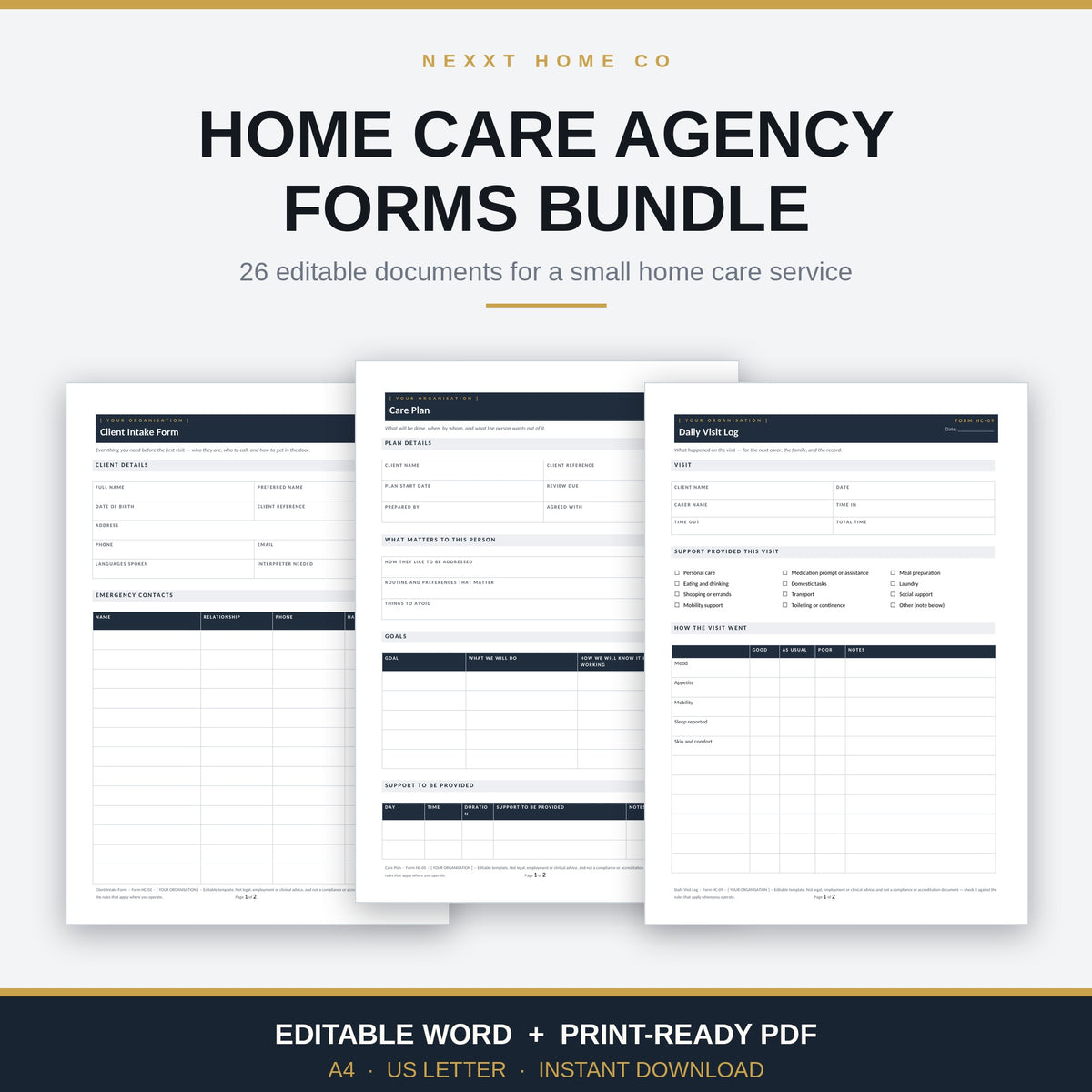 Home Care Agency Forms Bundle - 26 editable documents for a small home care service, shown as three printed forms