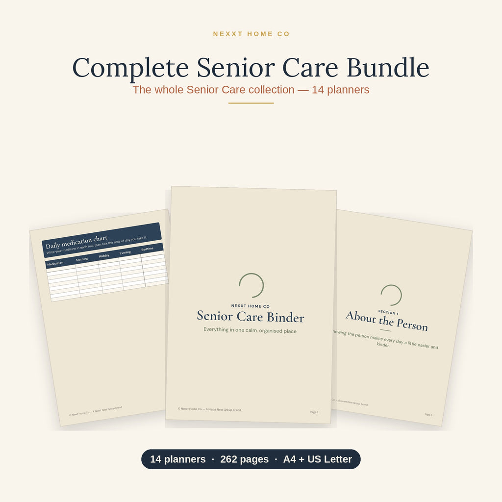 Complete Senior Care Bundle showing large print printable planners for medication, daily care, appointments and safety