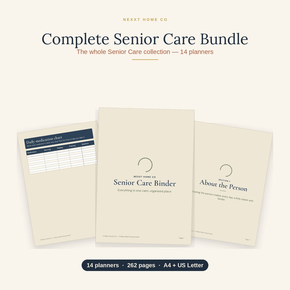 Complete Senior Care Bundle showing large print printable planners for medication, daily care, appointments and safety
