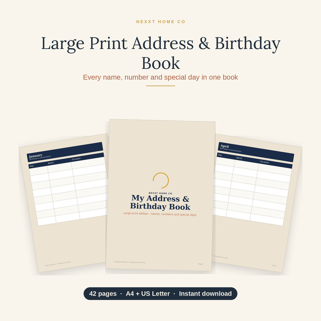 Large Print Address & Birthday Book printable — 42 pages, A–Z contacts and birthday calendar